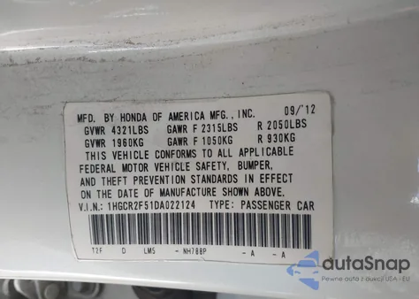 2013 Honda Accord Sport из США, поврежденный, VIN 1HGCR2F51DA022124